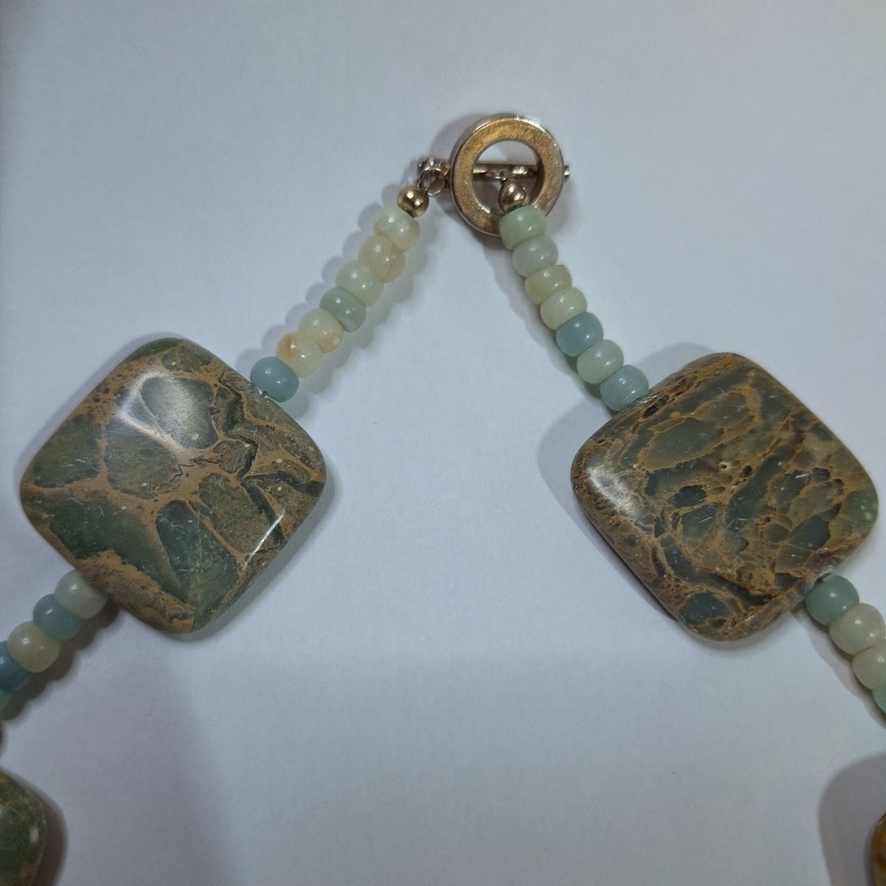 Teal Beaded Square Stone Marble Style Statement Costume Jewelry Necklace - Picture 8 of 11